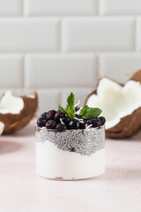Fresh chia pudding on coconut milk with blueberries , greek yogurt and mint in glass 