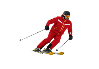 Man in red ski suit isolated on transparent background, skiing downhill with poles, winter sport activity for outdoor recreation