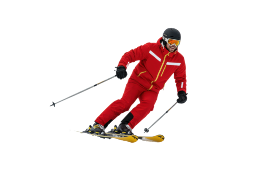 Man in red ski suit isolated on transparent background, skiing downhill with poles, winter sport activity for outdoor recreation