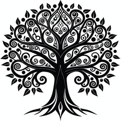Intricate Black Tree of Life Vector Design with Swirls and Leaves Illustration