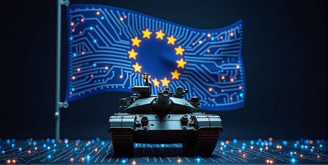 Fototapeta premium European tank in front of EU flag, modern military defense