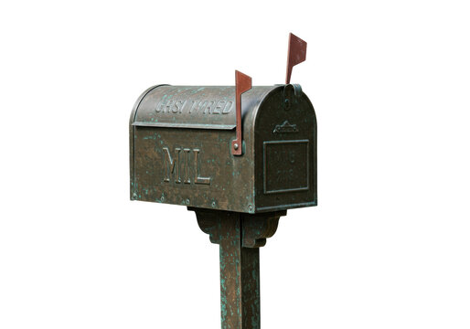 Vintage weathered mailbox isolated on transparent background, rustic metal mail receptacle with raised flag and embossed lettering PNG