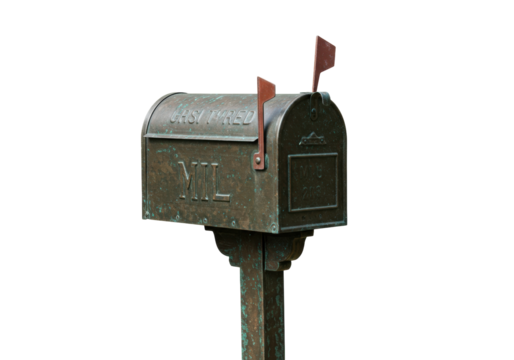 Vintage weathered mailbox isolated on transparent background, rustic metal mail receptacle with raised flag and embossed lettering PNG