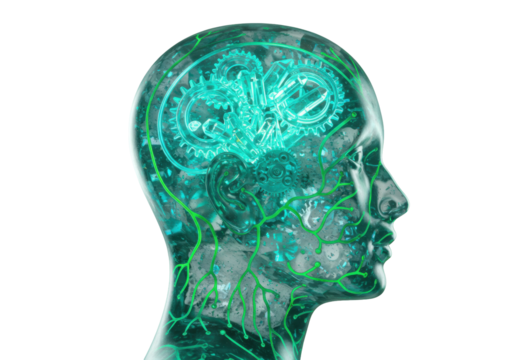 Human head with gears inside isolated on transparent PNG, concept of artificial intelligence and machine learning, brain activity