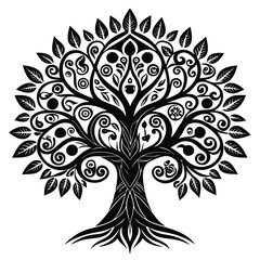 Black Silhouette of a Decorative Tree with Leaves, Fruit, and Swirls Design