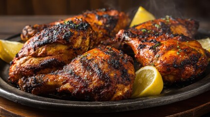 Grilled Chicken Feast: A close-up shot of a platter of succulent grilled chicken, artfully presented alongside fresh lemon wedges, exuding a tempting aroma and inviting culinary delight.