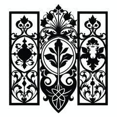 Intricate Black Silhouette Design with Ornate Floral and Geometric Patterns Within Frames