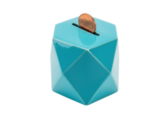 Turquoise geometric piggy bank with coin isolated on white, savings concept for financial planning and investment decisions