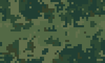Abstract pixelated camouflage pattern in shades of green. Ideal for backgrounds, textures, or militarythemed designs.  Evokes a sense of concealment and strategic planning.