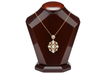 Elegant gold necklace with opal pendant isolated on display stand, luxury jewelry for special occasions and fashion accessories