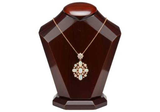 Elegant gold necklace with opal pendant isolated on display stand, luxury jewelry for special occasions and fashion accessories