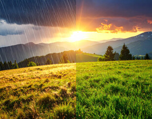 rain versus sunny weather on a field with green grass and mountains