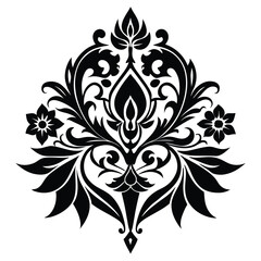 Ornate Black Floral Motif Vintage Damask Design with Flowers and Elegant Scrollwork