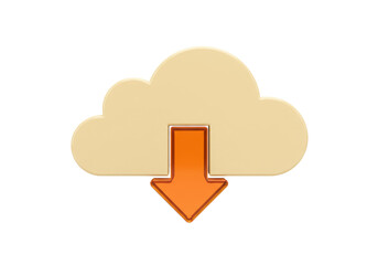 Beige cloud with orange arrow isolated PNG, download icon for cloud computing and data transfer on transparent background