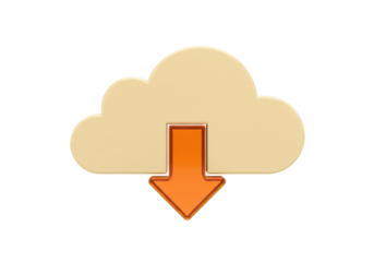 Beige cloud with orange arrow isolated PNG, download icon for cloud computing and data transfer on transparent background
