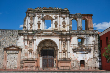 Antigua Guatemala, Guatemala - August 12, 2025: Church and Convent of the Society of Jesus in Antigua Guatemala, Sacatepequez, Guatemala.