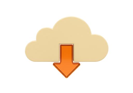Beige cloud with orange arrow isolated PNG, download icon for cloud computing and data transfer on transparent background