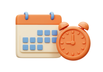 Orange cartoon alarm clock and calendar isolated PNG, time management and schedule planning concept for business and education