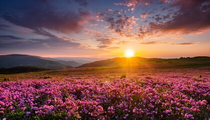 Beautiful Sunset Over A Field Of Pink Flowers