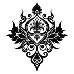 Elegant Black Damask Design with Fleurdelis and Floral Accents, Vintage Ornament