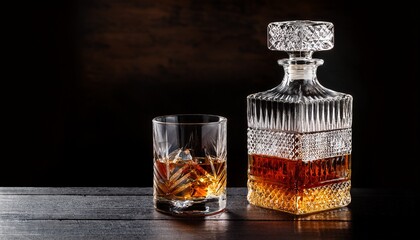 Glass Of Whiskey And Carafe On A Black Wooden Table