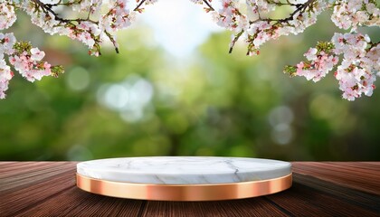 Luxury White Marble Podium With Rose Gold Base On Wooden Table Spring Blossom Blurred Green Background Elegant Display Soft Light