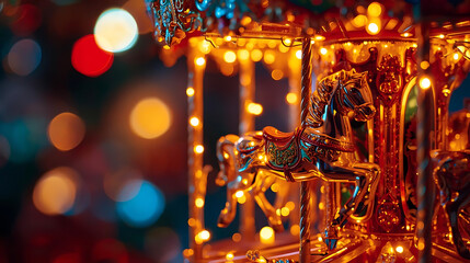 Obraz premium Golden Carousel Horse with Festive Bokeh