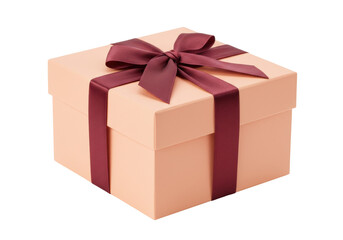 Elegant peach gift box with burgundy ribbon isolated on transparent background, present for special occasions and celebrations