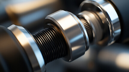 Fototapeta premium Close-up of a mechanical assembly with shiny metallic components, showcasing precision engineering and intricate design details. Industrial aesthetic.