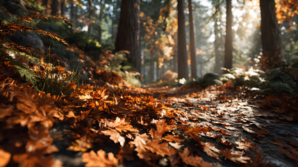 Autumn Sunlight in a Forest: Golden Hour Light on Brown and Orange Leaves