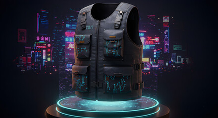 Cutting-Edge Techwear Vest Adorned with Luminous Circuit Patterns, Showcasing Futuristic Digital Integration Against a Dynamic Neon-Lit Cyberpunk Cityscape at Night