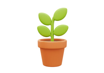Stylized green plant in a terracotta pot isolated PNG, 3D rendering of a small houseplant for decoration and design