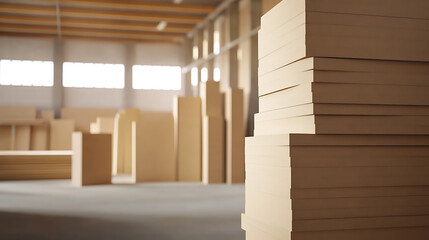 Stacks of manufactured panels or sheets are arranged in a large warehouse space, with natural light entering from windows, creating a sense of scale and industry.