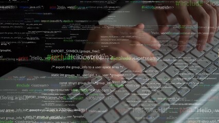 Focused hands typing on a keyboard with overlaid code, depicting the essence of programming and technology in a dynamic digital workspace environment. Xenic