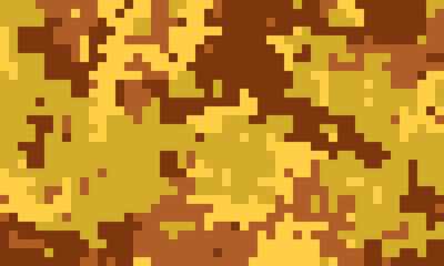 Abstract digital camouflage pattern in gold and brown hues.  Perfect for backgrounds, textures, or fashion designs.  Its pixelated style creates a modern, vibrant aesthetic.