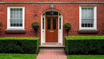 Brick House Entrance with Lush Landscaping.