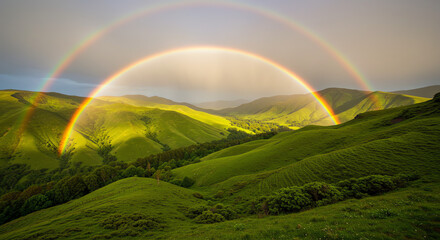 Obraz premium Double rainbow over green hills landscape