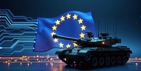 Obraz premium European tank in front of EU flag, modern military defense