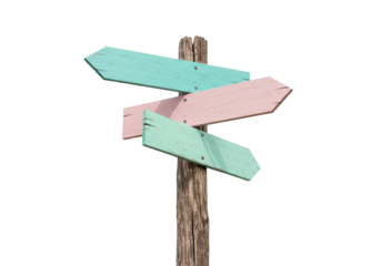 Pastel wooden direction sign isolated on transparent background, colorful arrow signpost for travel and vacation concepts