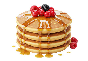 Stack of pancakes with berries and syrup isolated, delicious breakfast food with raspberries and cranberries for dessert menu