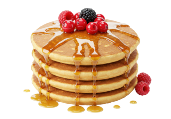 Stack of pancakes with berries and syrup isolated, delicious breakfast food with raspberries and cranberries for dessert menu