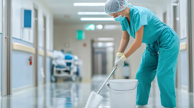 A healthcare worker in scrubs and mask cleans a hospital hallway with a mop and bucket. Safety and sanitation protocols are essential for maintaining a sterile environment.