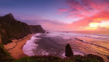 Pink Sunset Illuminates Tranquil Ocean And Majestic Cliffs With Fantasy Beach Landscape