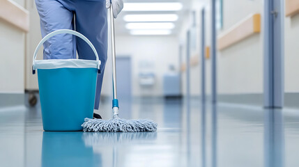 Floor cleaning in a pristine setting.  Mop and bucket ready for action, ensuring cleanliness and hygiene. Reflections gleam on the freshly mopped surface.