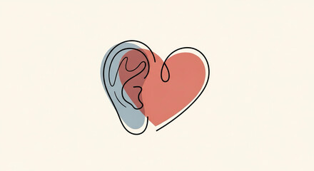 Minimal abstract illustration of ear and heart combined, symbolizing care and listening.