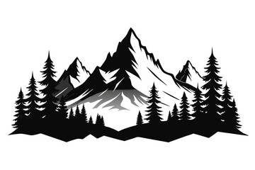 Black Silhouette of Majestic Mountains and Evergreen Pine Trees Landscape Vector Illustration