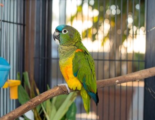 A parrot perched on a branch in a cage