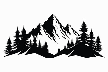 Black Silhouette Vector Illustration of Mountains Landscape with Pine Trees and Hills