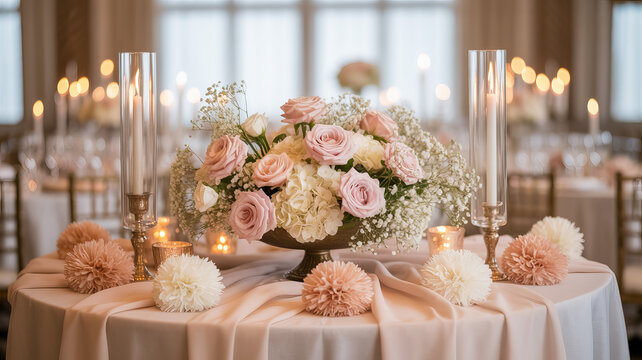 Elegant floral arrangement on table with soft lighting at a formal event in a luxurious venue