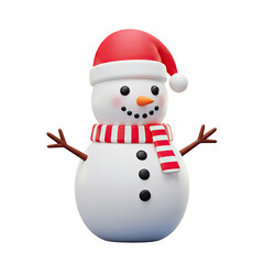 Cheerful Snowman with Red Hat and Striped Scarf on Transparent Background